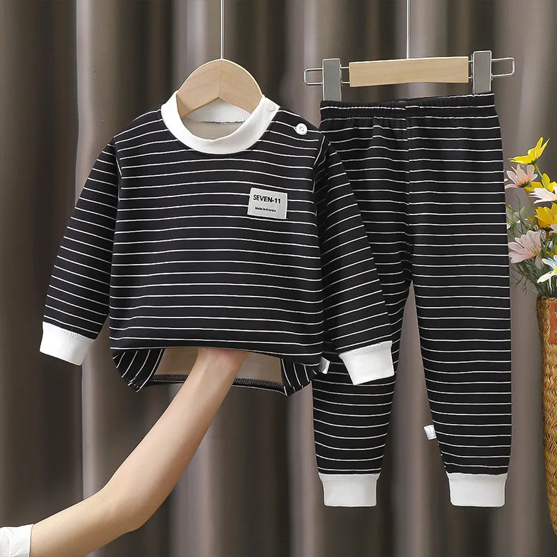 Striped Plush Warm Pajamas Autumn and Winter Pajamas 0-5 Years Old Set