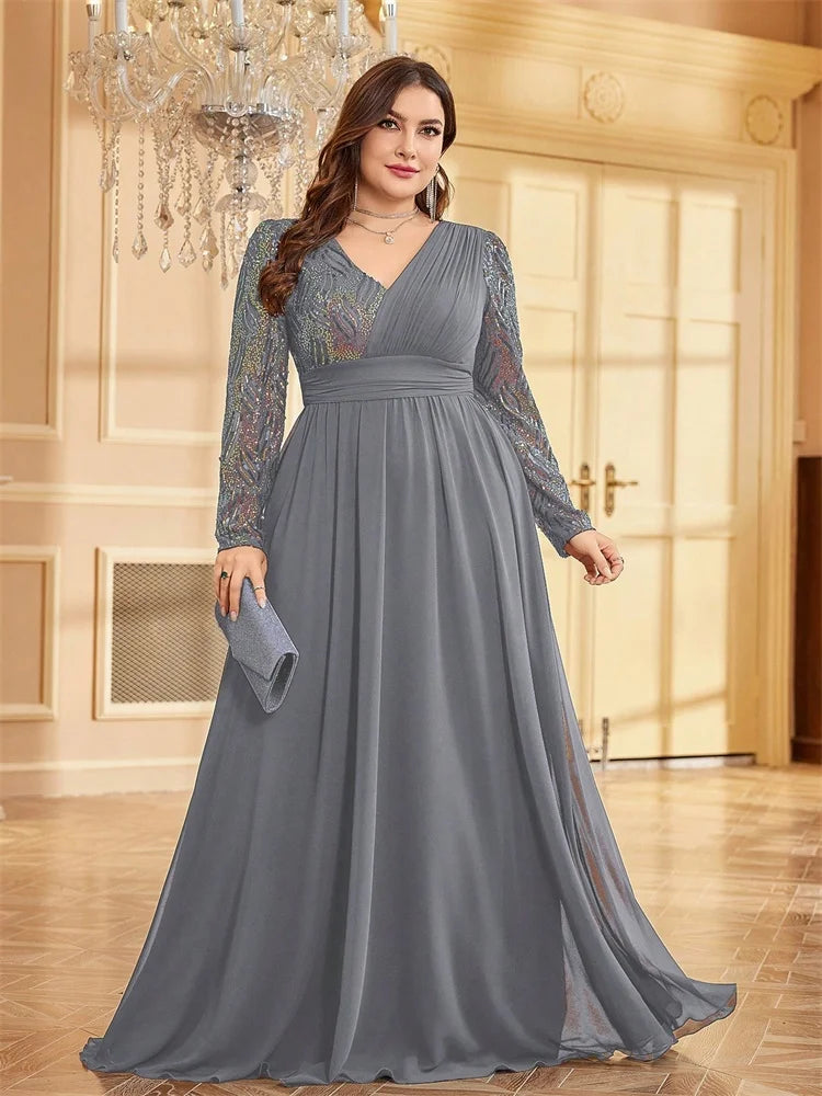 Plus Size Luxury Chiffon Long Sleeve Evening Dress