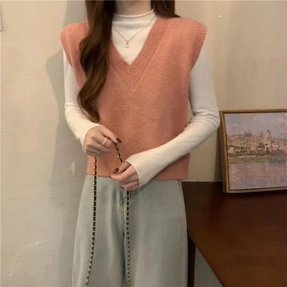 V-neck Knitted Vest Vintage Sleeveless Sweater Waistcoat Korean Chic