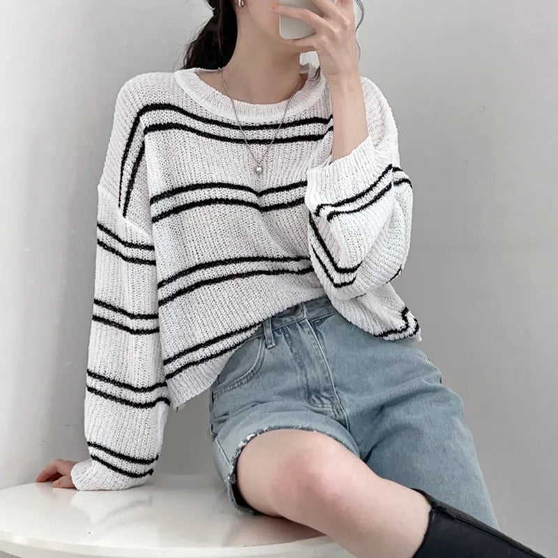 Sunscreen Blouse Hollow Out Pullover Long Sleeve O-neck Loose Sweater