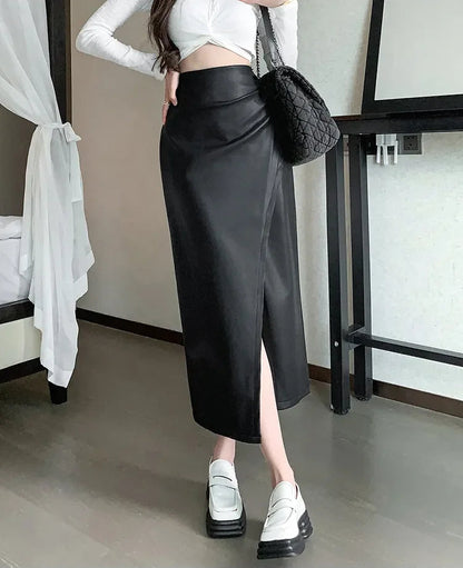 Autumn Winter Front Split PU Leather Long Skirts