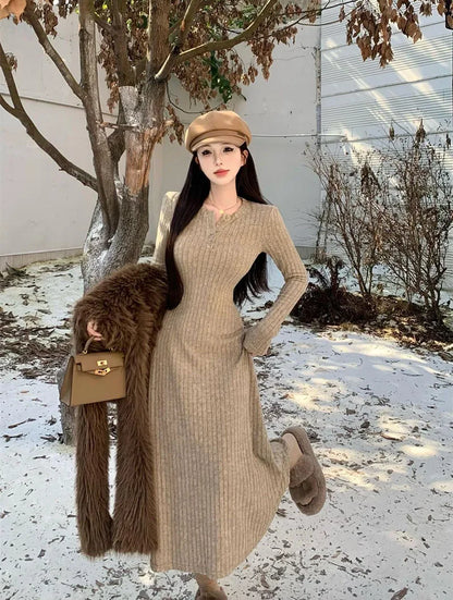 Elegant Slim High Waist Knit Long Sleeve Thick Warm Long Dress