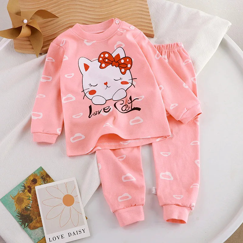 Autumn Cartoon Cat Print Long Sleeve Cotton Sleepwear Pajamas Set