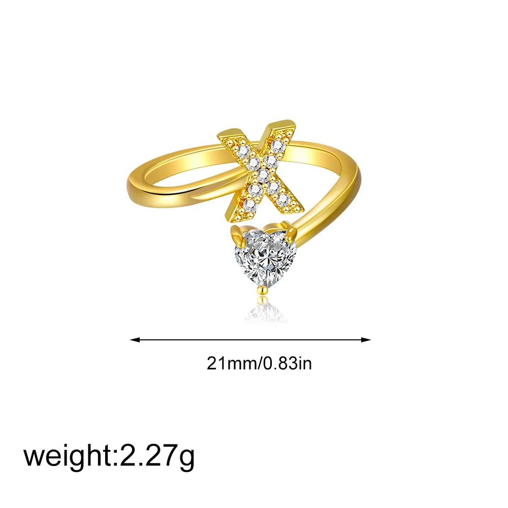 Gold Letter Open Heart Shape Cubic Zirconia  A-Z 26 Letter  Lnitials Rings
