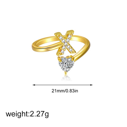 Gold Letter Open Heart Shape Cubic Zirconia  A-Z 26 Letter  Lnitials Rings