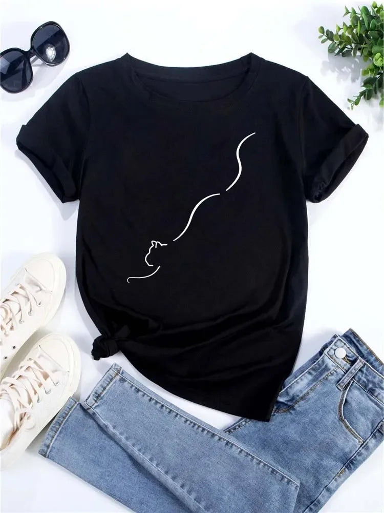 Love Heart Cat Print T-Shirt