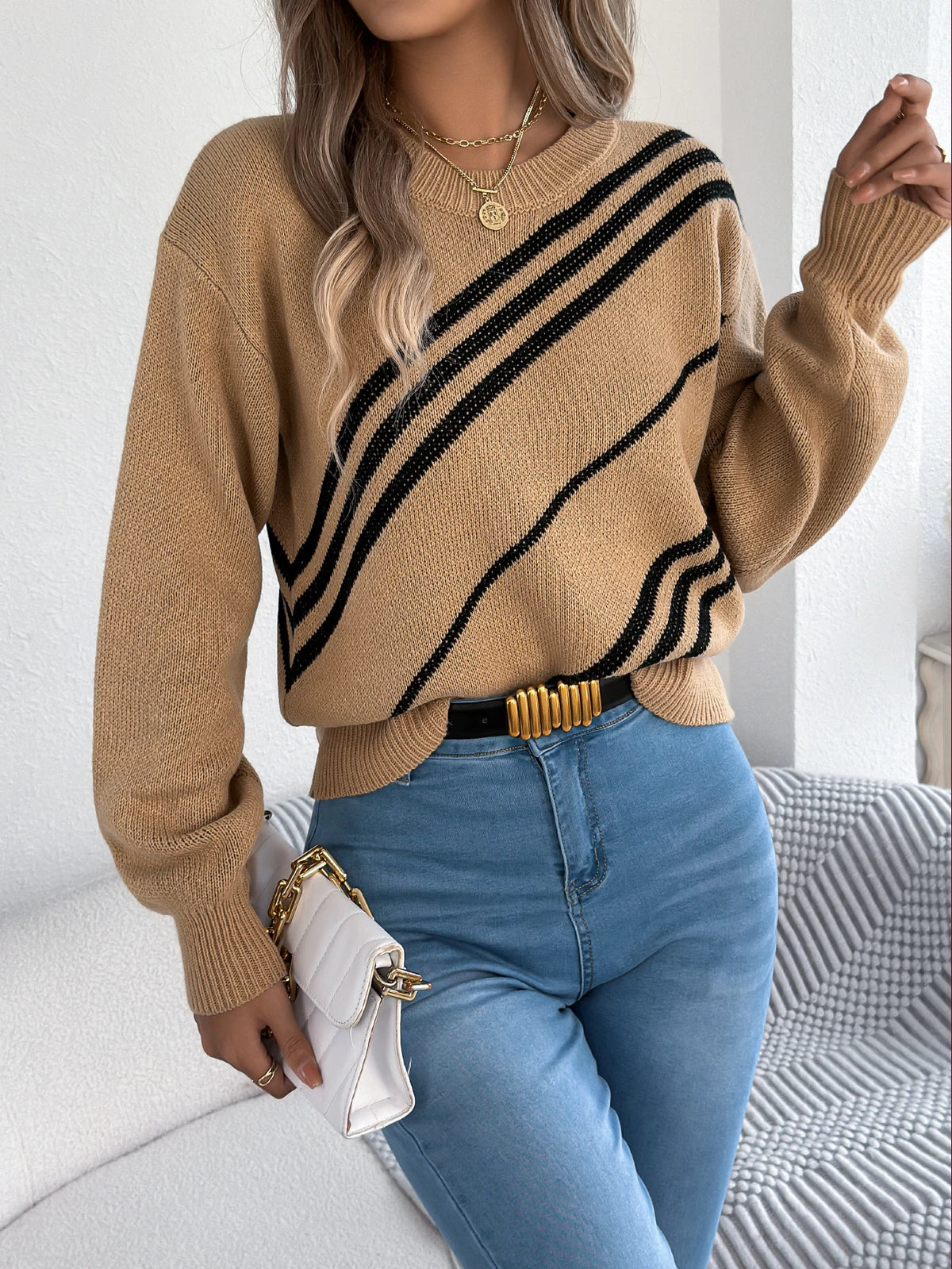 Twill Texture Color Block Round Neck Long Sleeve Cabin Core Knit Pullover