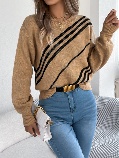 Twill Texture Color Block Round Neck Long Sleeve Cabin Core Knit Pullover