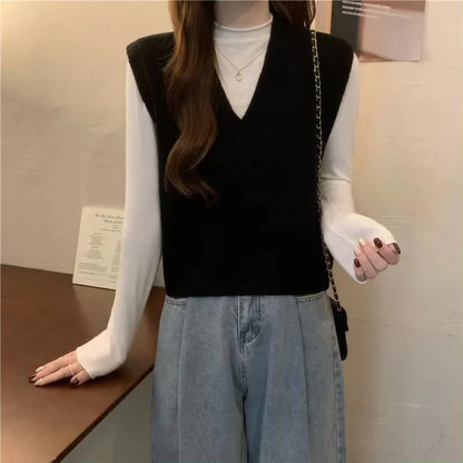V-neck Knitted Vest Vintage Sleeveless Sweater Waistcoat Korean Chic