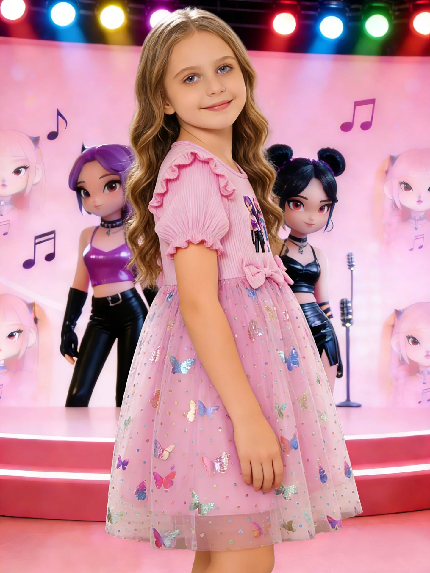 Double bows at the waist puff sleeves and a pink princess dress