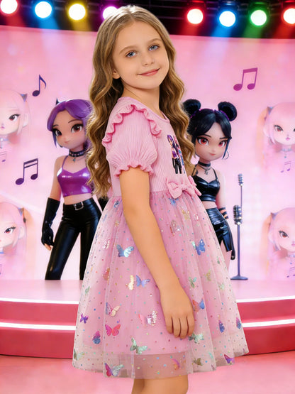 Double bows at the waist puff sleeves and a pink princess dress