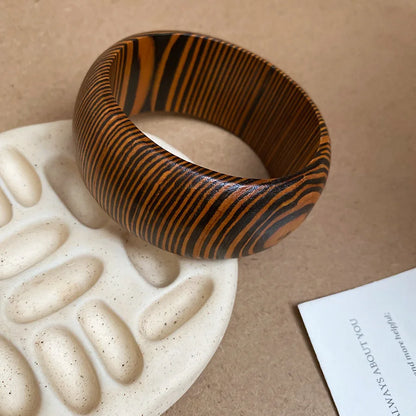 Natural Wooden Square Round Hip Hop  Rivet Beads Wide Bangles Bracelet