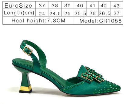 Venus Chan Elegant Green Slingback Heels with Rhinestones Shoes