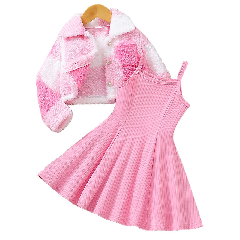 Autumn And Winter Middle Casual Sweet Hairy Coat&Strap Dress Set