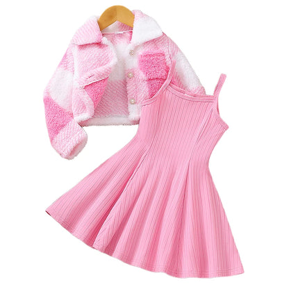 Autumn And Winter Middle Casual Sweet Hairy Coat&Strap Dress Set