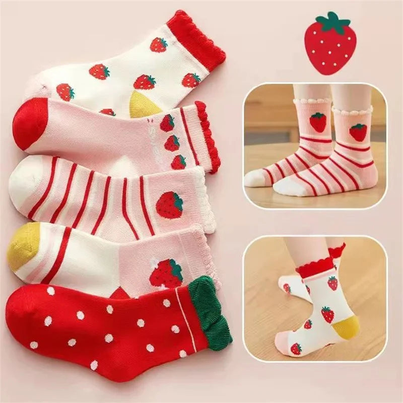 5Pairs/lot Girls Cotton Strawberry Cute Socks
