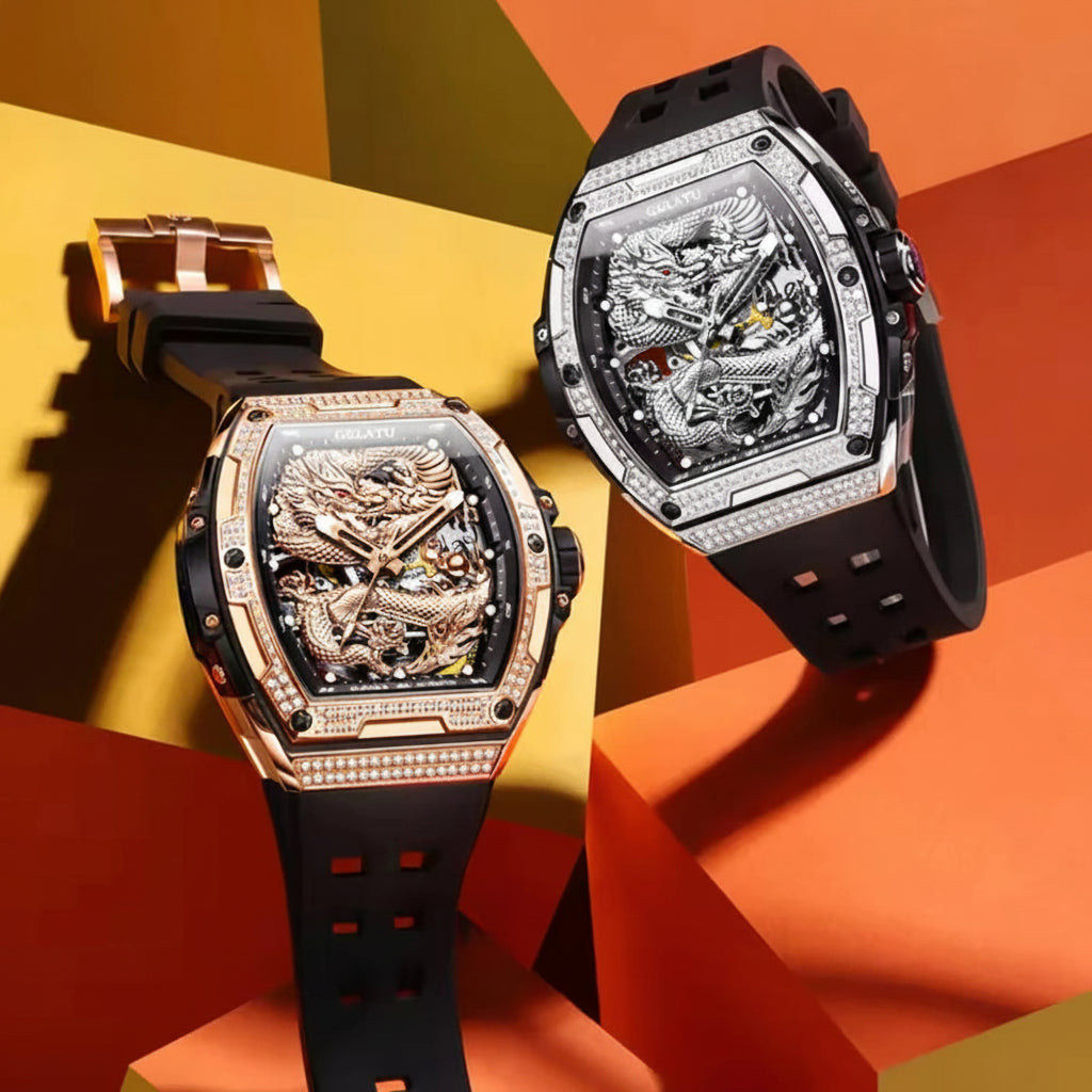 Hollow Silicone Strap Waterproof High Full Diamond Dragon Dial Automatic Mechanical Watch