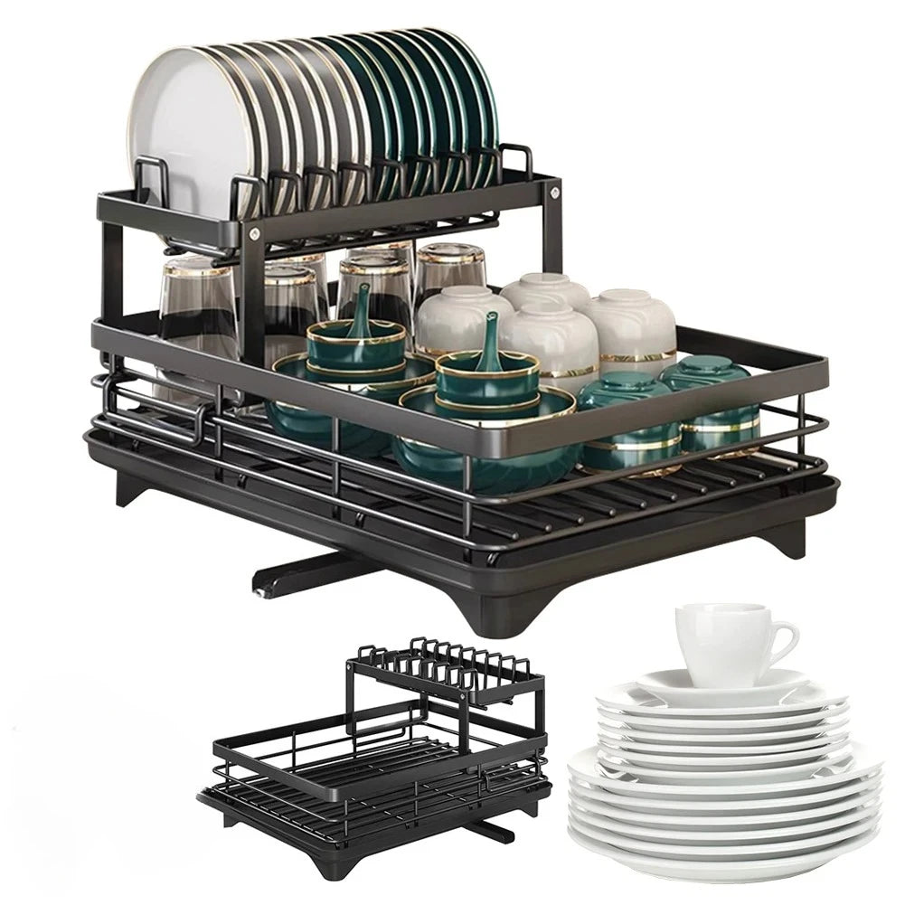Adjustable Steel 2 Tier Plates Organizer Dish Bowl Drainer