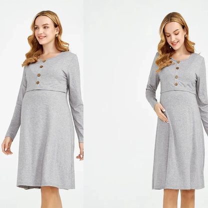 Casual Solid-colored Long-sleeved Maternity Dress