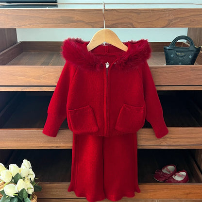 Autumn and Winter Wool Collar Hooded Sweater Pants Set
