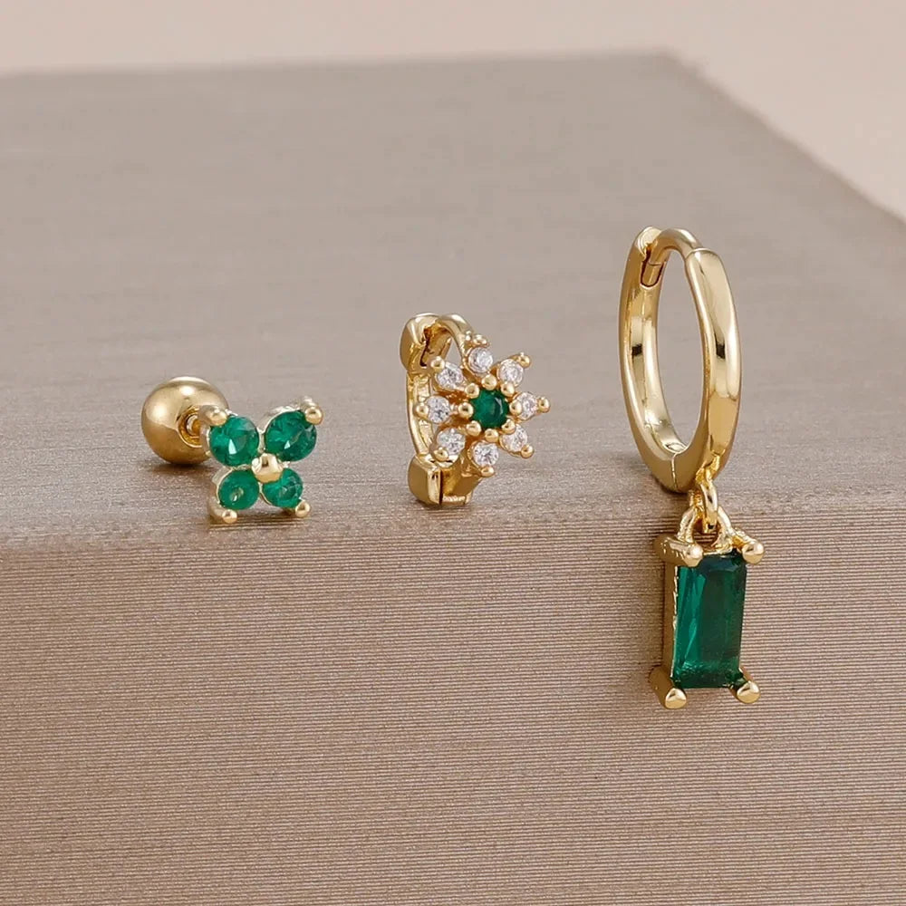 14K Gold Plated Zircon Square Hoop Stainless Steel Butterfly Stud Earring Set