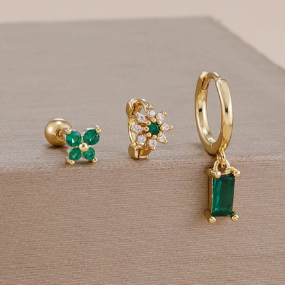 14K Gold Plated Zircon Square Hoop Stainless Steel Butterfly Stud Earring Set