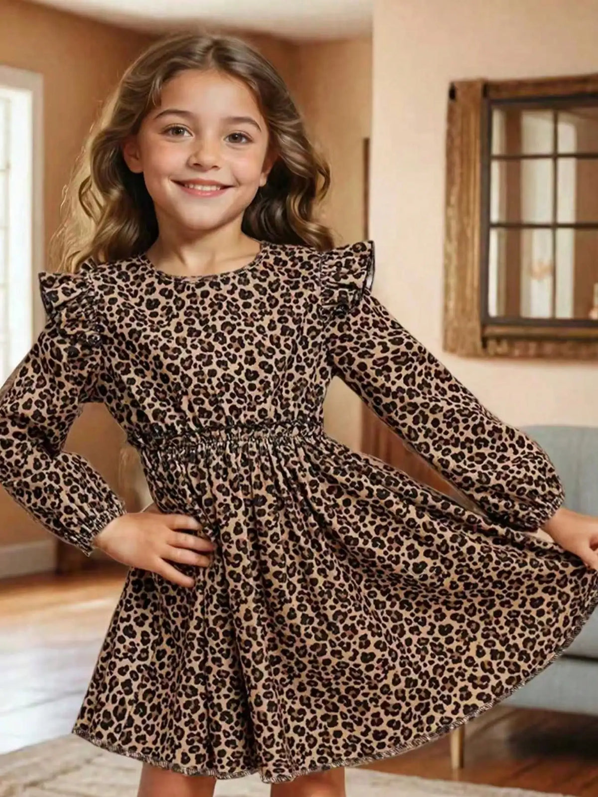 Elegant Four Season Leopard Print Long-Sleeved Ruffle Edge Dress