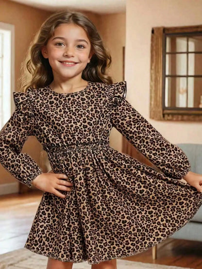 Elegant Four Season Leopard Print Long-Sleeved Ruffle Edge Dress
