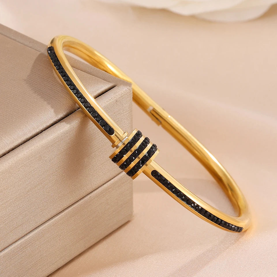 5/1pcs Golden Stainless Steel With Sparkling Black Zircon Bracelets