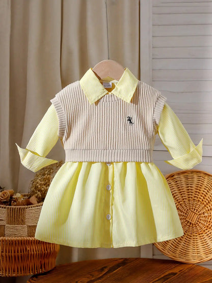 Baby girl embroidered vest and striped long-sleeved shirt dress