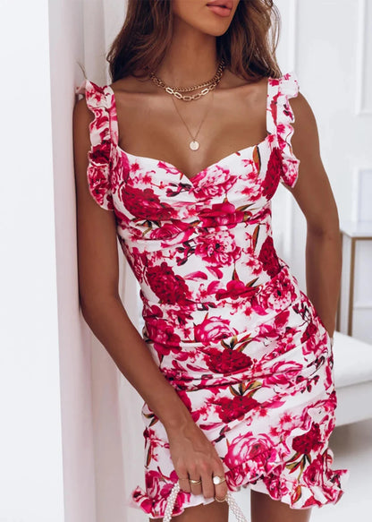 Ruffle Edge Sleeveless V-neck Wrap Hip Fragmented Flower Dress
