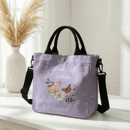 Floral Butterfly Letter Print Brown Canvas Tote Bag