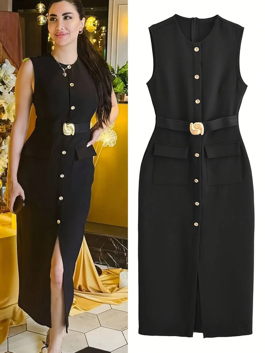 فستان قميص أنيق بلا أكمام بأزرار مع حزام وشق أمامي