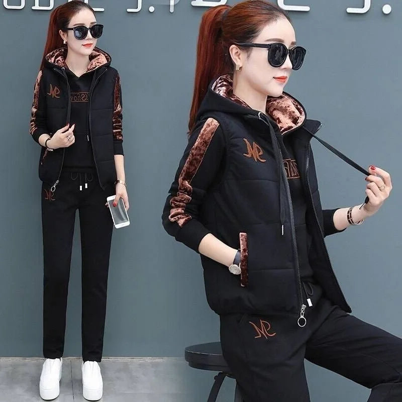 Casual Autumn Winter Thickened Hooded Waistcoat Pants 3 Three Piece Sets