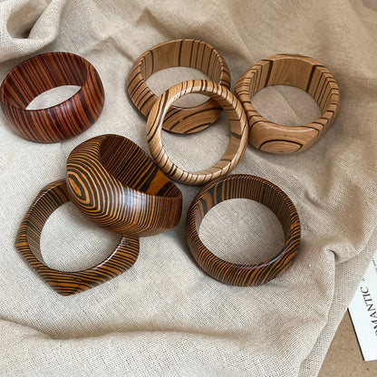 Natural Wooden Square Round Hip Hop  Rivet Beads Wide Bangles Bracelet
