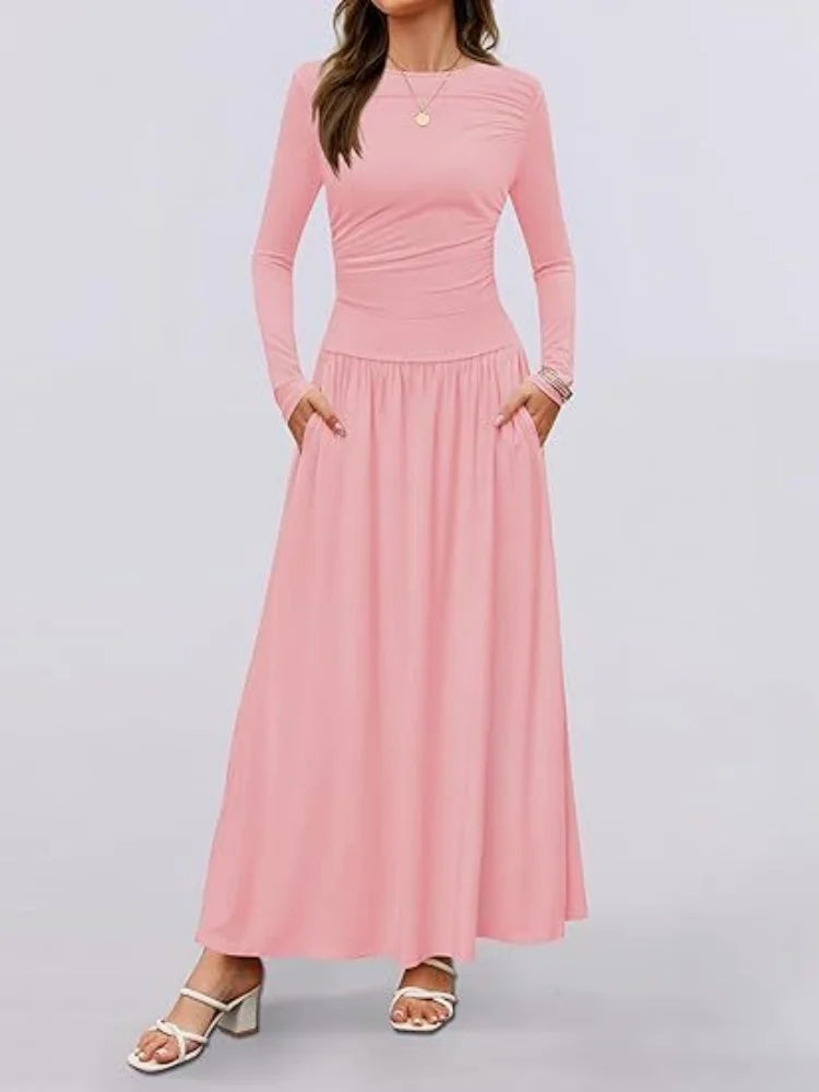 Long Sleeve Maxi Fit Ruched Casual Wear Dress