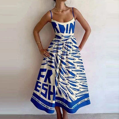 Print Suspenders Blue Ocean Fish Pattern Sexy Long dress
