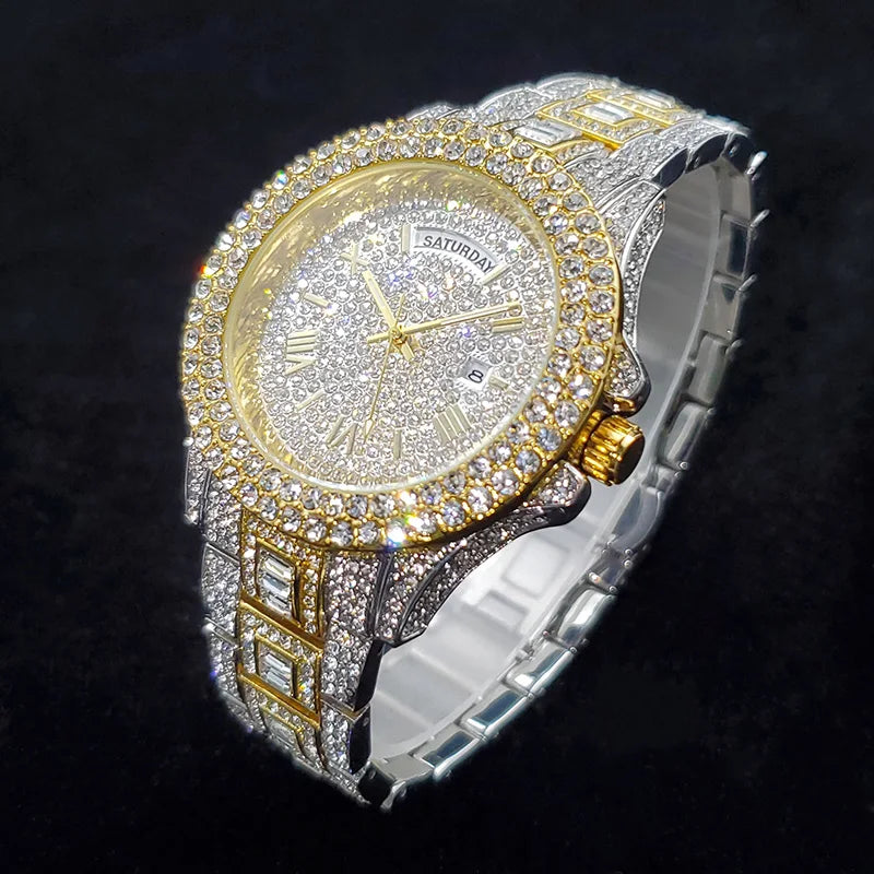 Luxury Diamond Bling Iced Hip Hop Golden Stainless Steel Quartz Watch