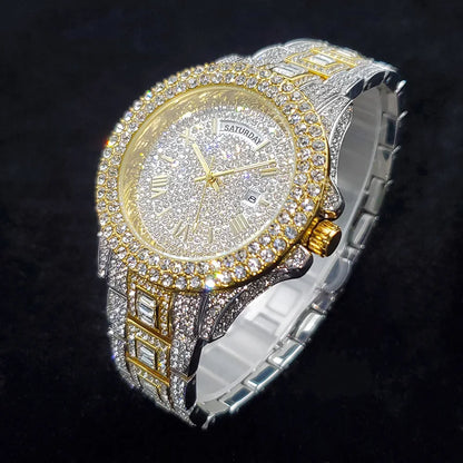 Luxury Diamond Bling Iced Hip Hop Golden Stainless Steel Quartz Watch
