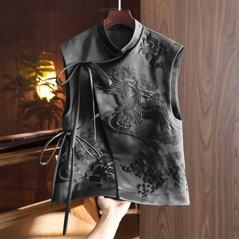 Chinese Style Outerwear Vest Flowers Embroidered Lacing Vests
