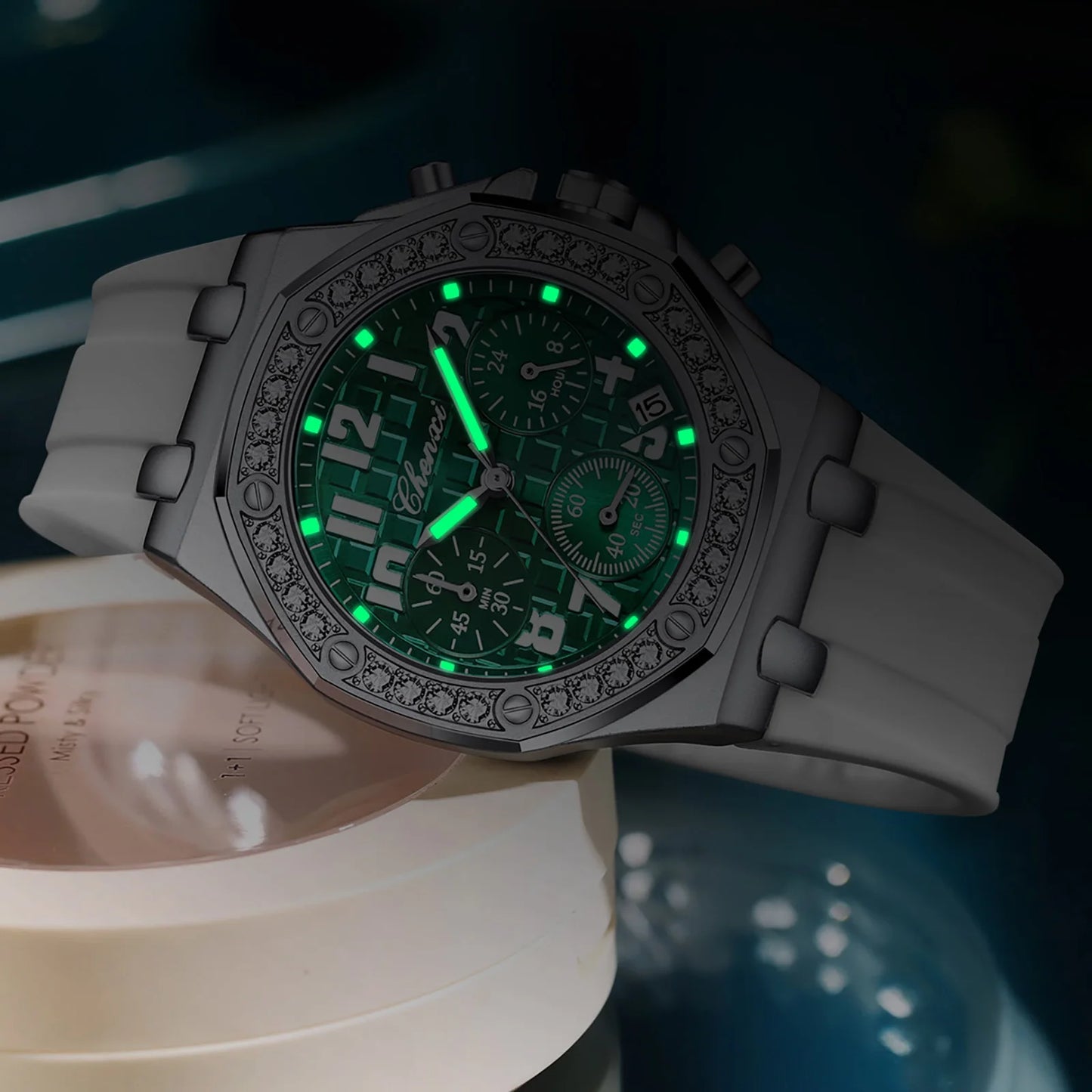 Diamond Dial Quartz Chronograph Luminous Waterproof Silicone Sports Watches
