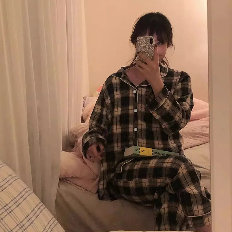 Japanese Casual Thin Style Plaid Lapel Cardigan Pajama Sets