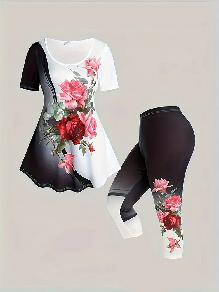 Plus Size Large Casual Rose Flower Print Oversized Slim Fit Set