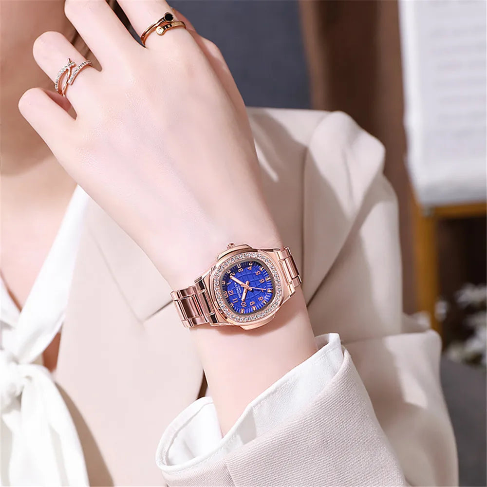 Luxury Digital Diamond Studded Quartz Rose Gold Stainless Steel Strap Watch