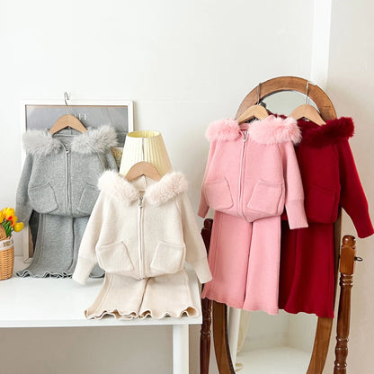 Autumn and Winter Wool Collar Hooded Sweater Pants Set