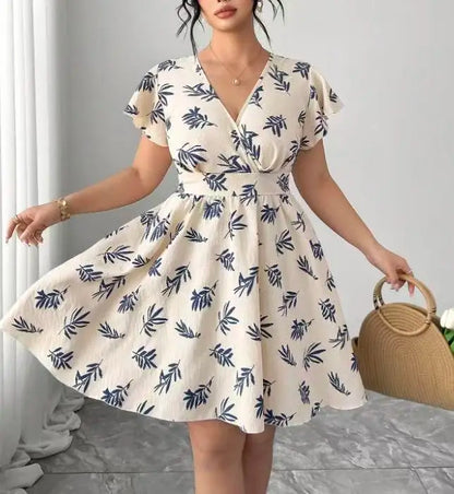 Plus Size Gentle Apricot & Navy Cotton Linen Leaf Dress