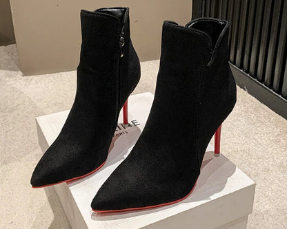 Red Heels Zip Warm Black Ankle Boots