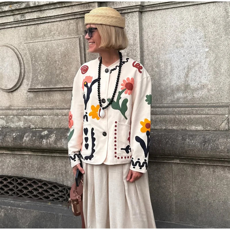 Boho Colorful Flower Print Cardigan Round Neck Long Sleeve Coat Jacket