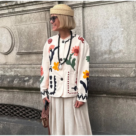 Boho Colorful Flower Print Cardigan Round Neck Long Sleeve Coat Jacket