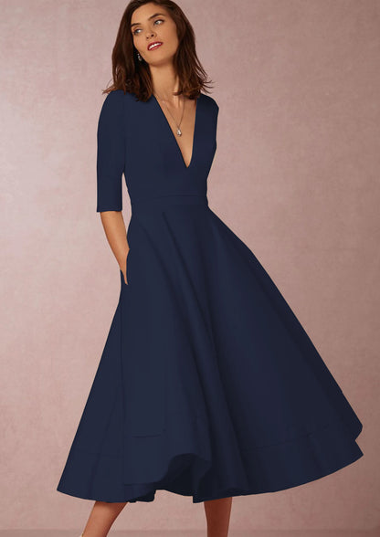 Short Sleeve V-neck Slit Solid High Quality Long Dress